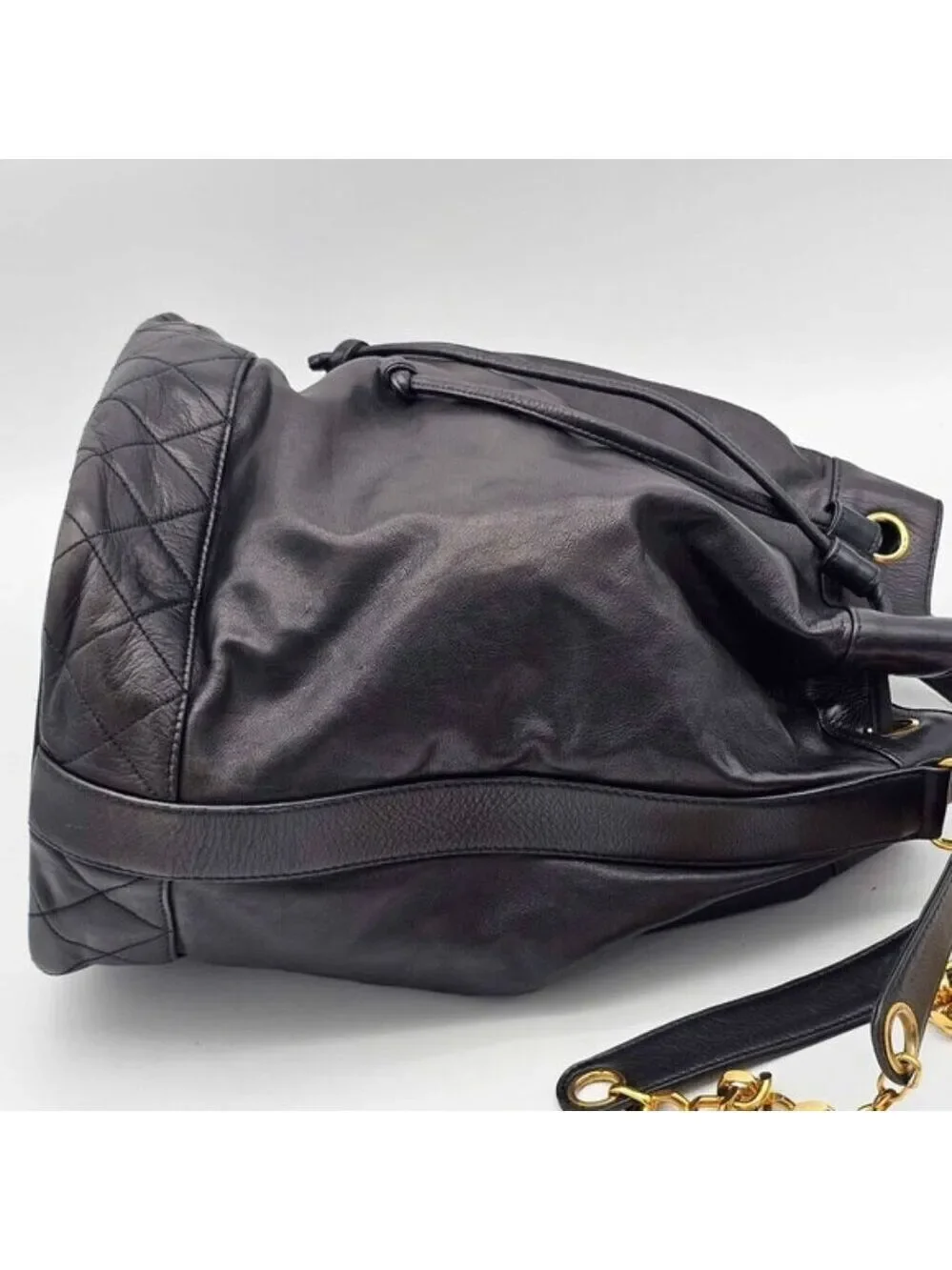 Authentic Chanel Drawstring Bucket Bag Black Leather Gold Chain CC Logo